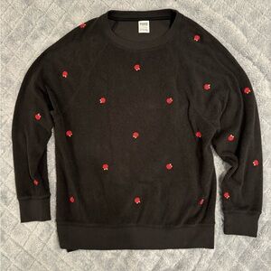 Victoria Secret PINK S Black Embroidered Red Rose Fleece Crewneck Sweatshirt 🌹